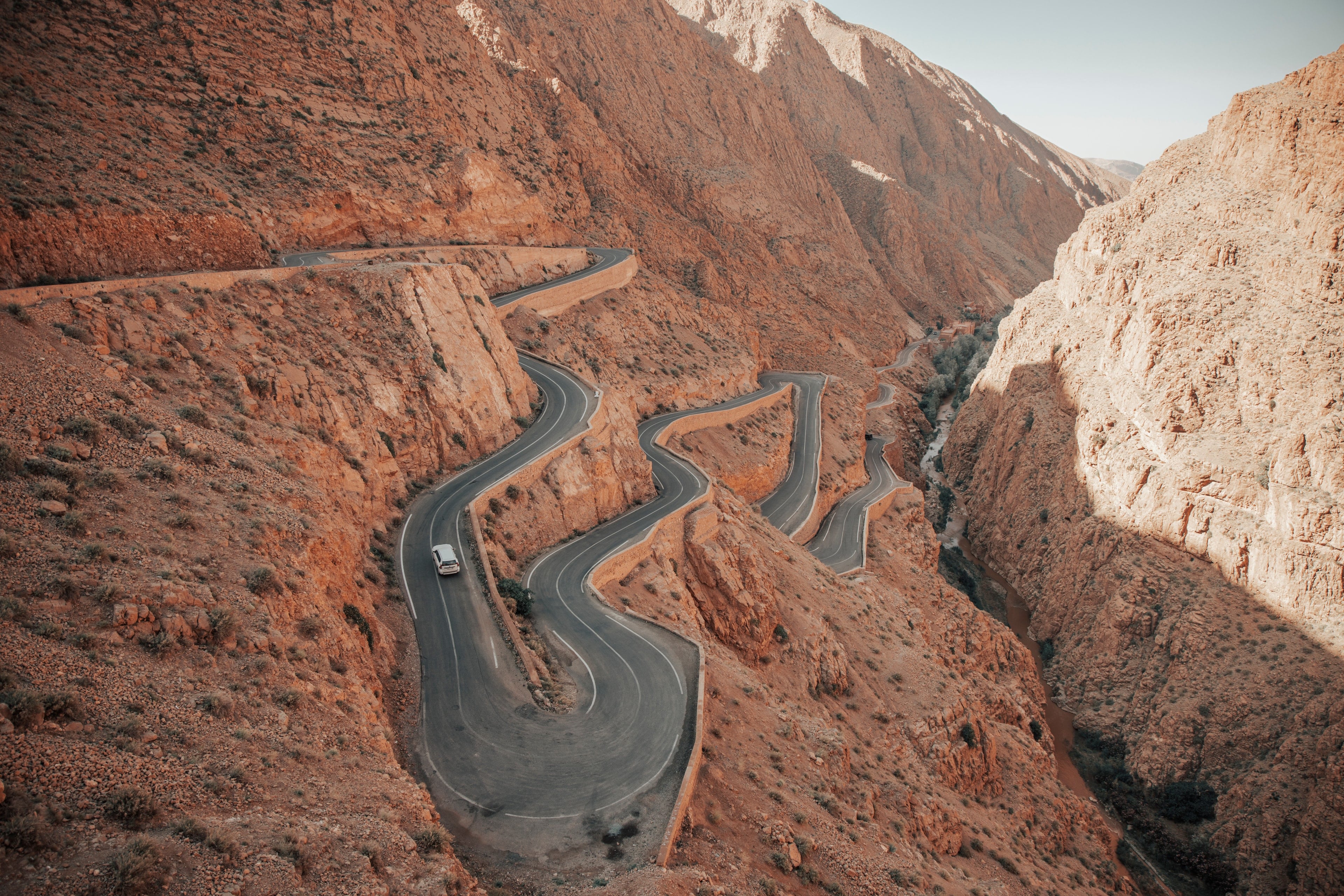 The Dadès Gorge road folding into tight switchbacks between red cliffs